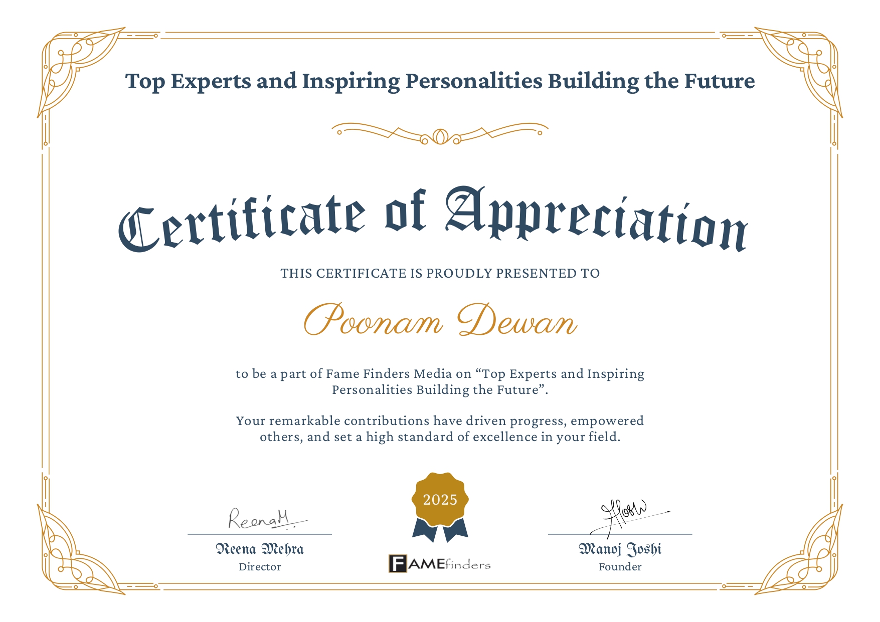 Poonam Dewan achievement 2