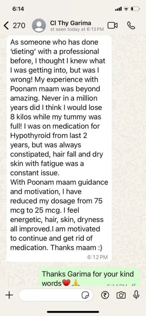 WhatsApp message from Garima describing her results