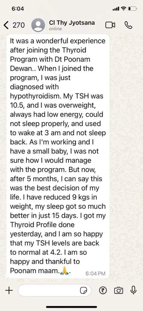 WhatsApp message from Jyotsana describing her results