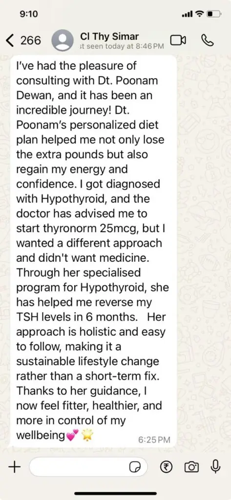 WhatsApp message from Simar describing her results